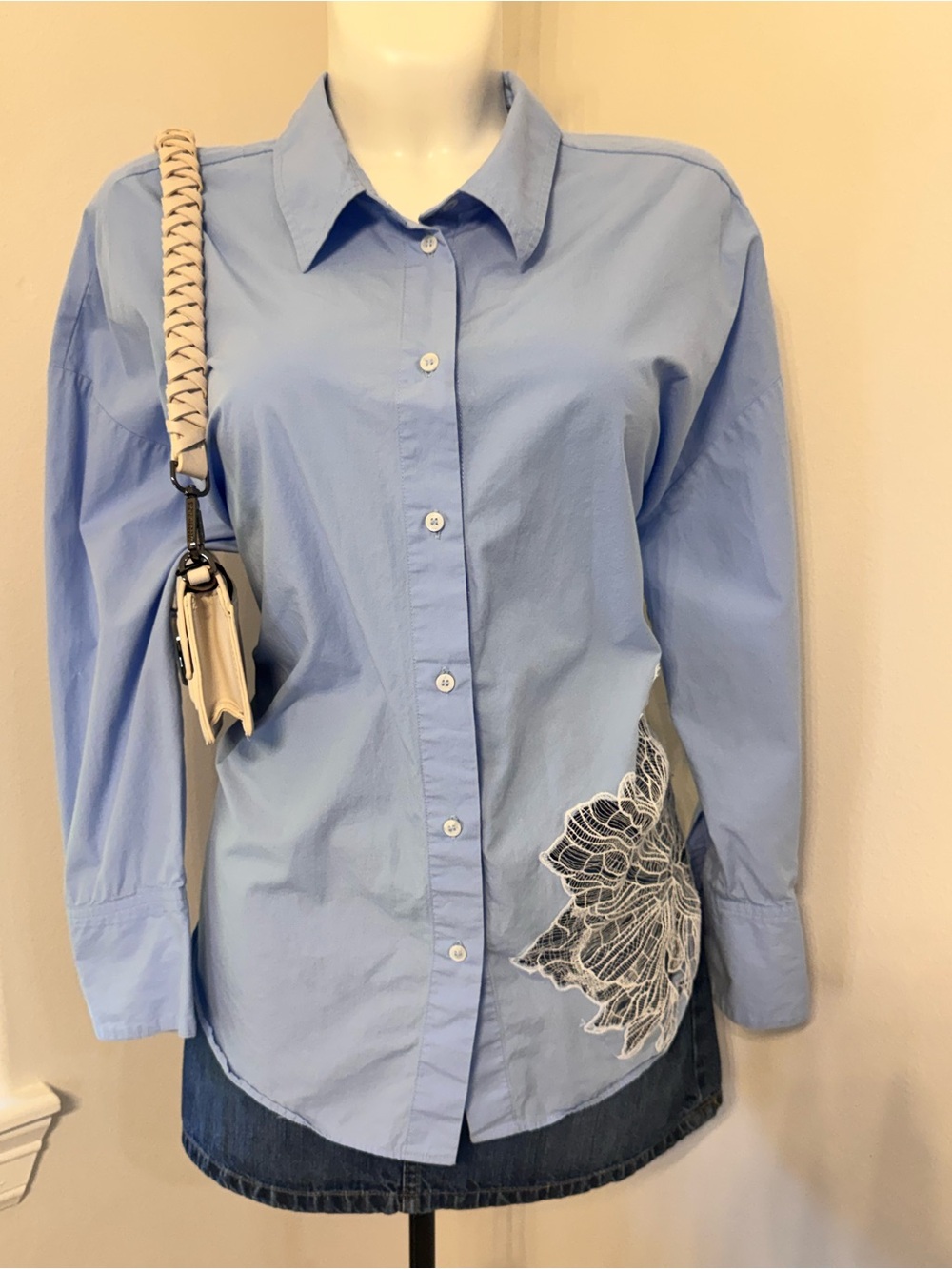 Zara Light Blue Button-Up Shirt with White Lace Applique